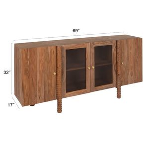 Rowena Interiors Sheesham Solid Wood Buffet with Glass Panel Doors Carved Legs Honey Walnut Finish EC2240