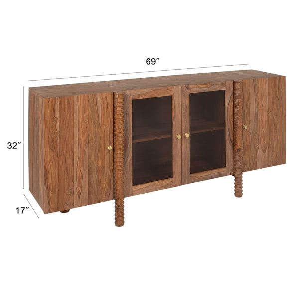 Rowena Interiors Sheesham Solid Wood Buffet with Glass Panel Doors Carved Legs Honey Walnut Finish EC2240