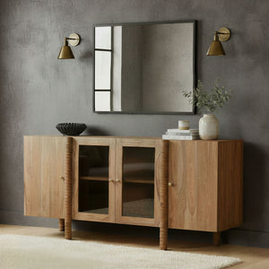 Rowena Interiors Sheesham Solid Wood Buffet with Glass Panel Doors Carved Legs Honey Walnut Finish EC2240