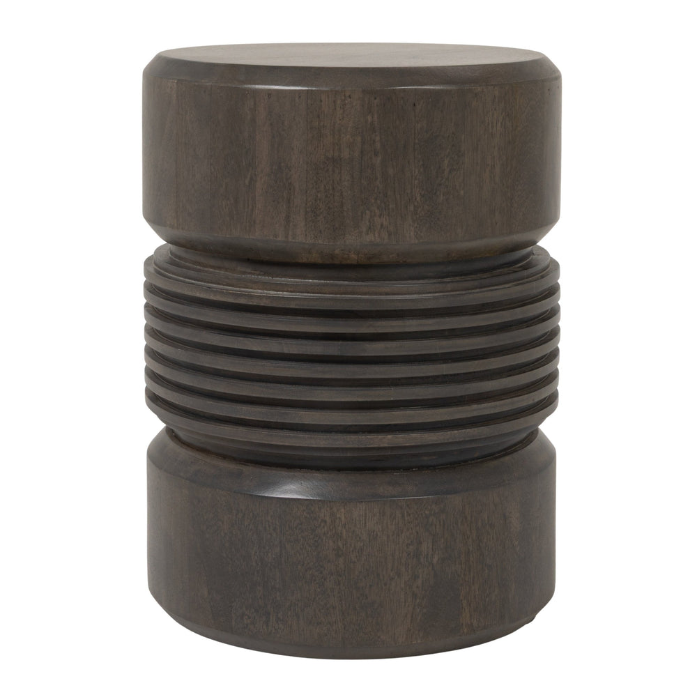 Rowena Interiors Round Solid Mango Wood Drum Side Table with Ribbed Sculpted Grey Finish for Modern Interiors EC2242