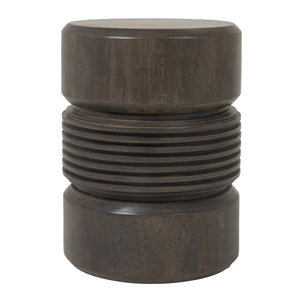 Rowena Interiors Round Solid Mango Wood Drum Side Table with Ribbed Sculpted Grey Finish for Modern Interiors EC2242