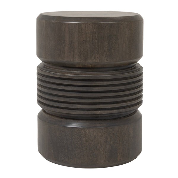 Rowena Interiors Round Solid Mango Wood Drum Side Table with Ribbed Sculpted Grey Finish for Modern Interiors EC2242