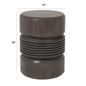 Rowena Interiors Round Solid Mango Wood Drum Side Table with Ribbed Sculpted Grey Finish for Modern Interiors EC2242