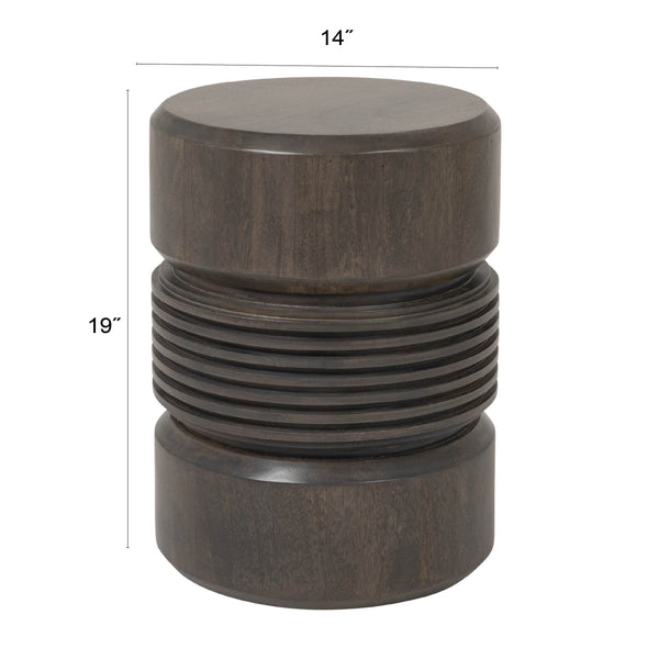Rowena Interiors Round Solid Mango Wood Drum Side Table with Ribbed Sculpted Grey Finish for Modern Interiors EC2242