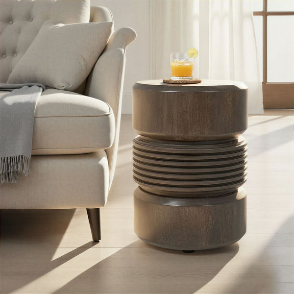 Rowena Interiors Round Solid Mango Wood Drum Side Table with Ribbed Sculpted Grey Finish for Modern Interiors EC2242