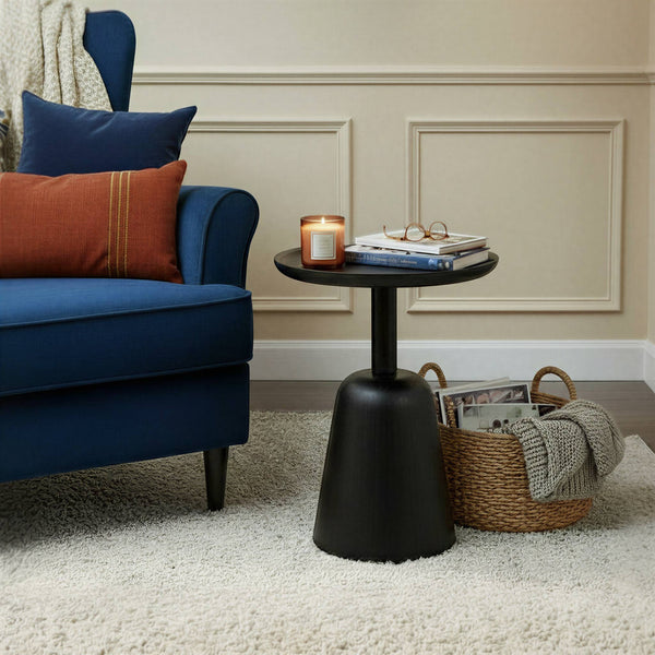 Rowena Interiors Round Solid Mango Wood Pedestal Accent Table Matte Black Sculptural Living Room EC2243