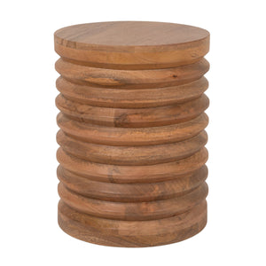 Rowena Interiors Round Solid Mango Wood Side Table with Ribbed Carving and Warm Honey Walnut Finish EC2244