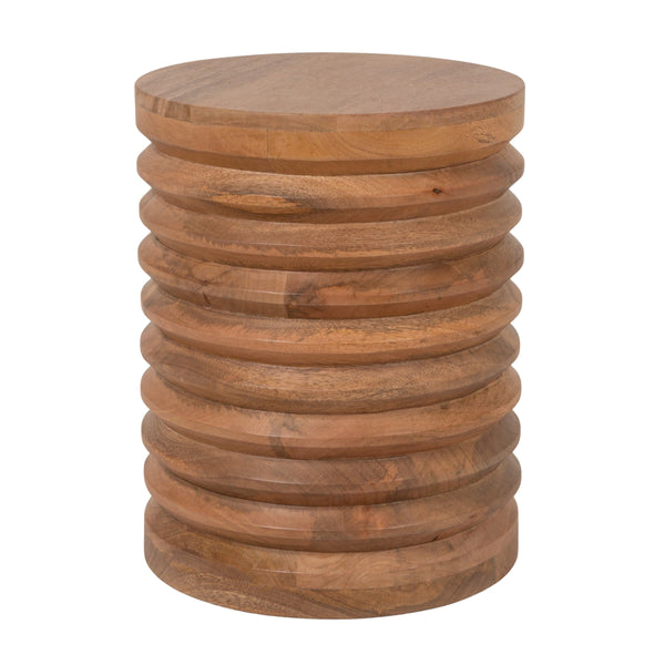 Rowena Interiors Round Solid Mango Wood Side Table with Ribbed Carving and Warm Honey Walnut Finish EC2244