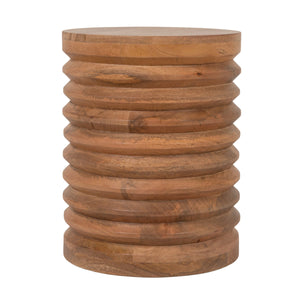 Rowena Interiors Round Solid Mango Wood Side Table with Ribbed Carving and Warm Honey Walnut Finish EC2244