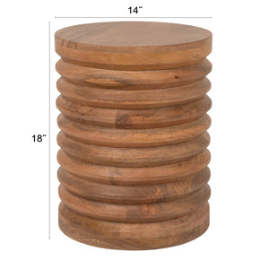 Rowena Interiors Round Solid Mango Wood Side Table with Ribbed Carving and Warm Honey Walnut Finish EC2244
