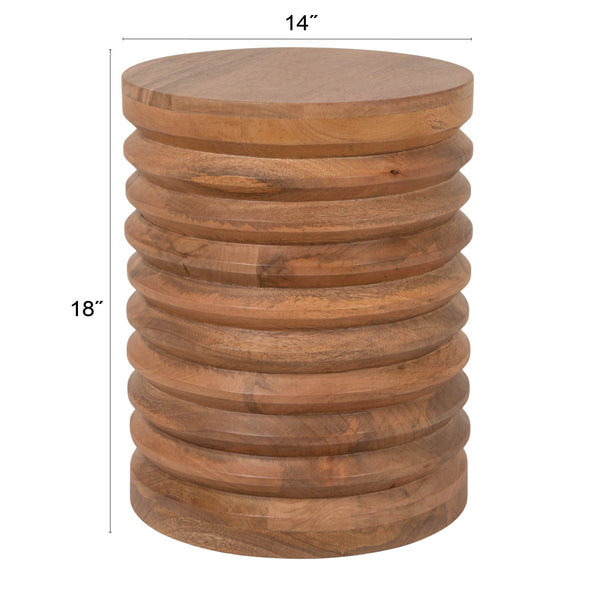 Rowena Interiors Round Solid Mango Wood Side Table with Ribbed Carving and Warm Honey Walnut Finish EC2244