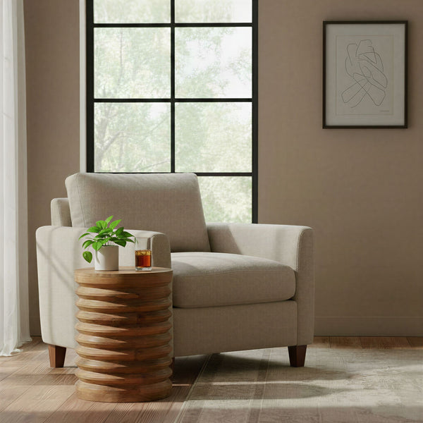 Rowena Interiors Round Solid Mango Wood Side Table with Ribbed Carving and Warm Honey Walnut Finish EC2244