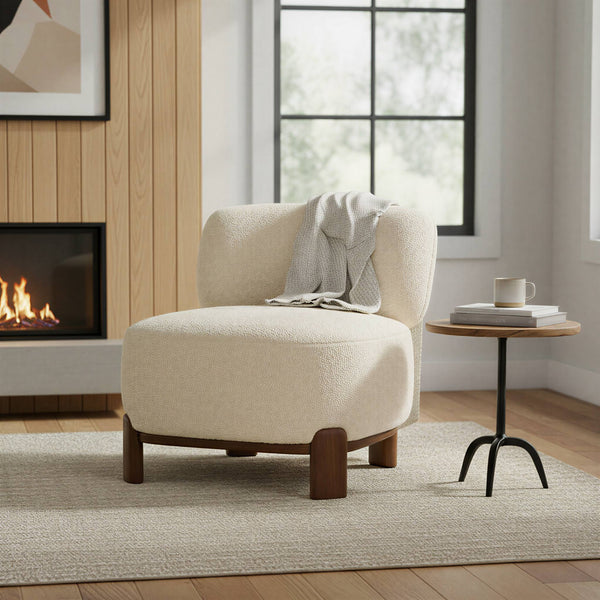 Rowena Interiors Boucle Accent Chair Cream Textured Upholstery Solid Wood Base for Modern Interiors EC2248