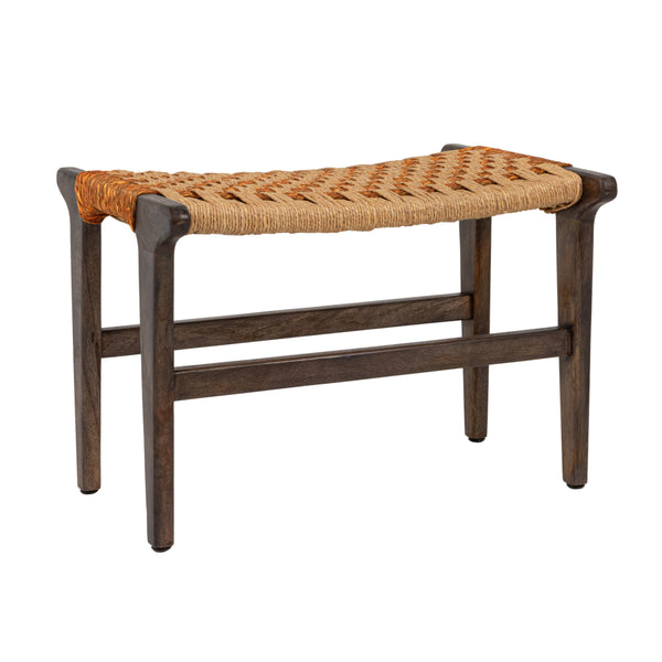 Rowena Interiors Mango Wood Grey Washed Frame Stool with Hand Woven Jute Seat Bohemian Accent EC2256