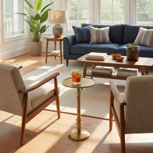 Rowena Interiors Round Aluminum Pedestal Side Table Lustrous Finish for Entryway Bedroom or Living Room Gold EC2259