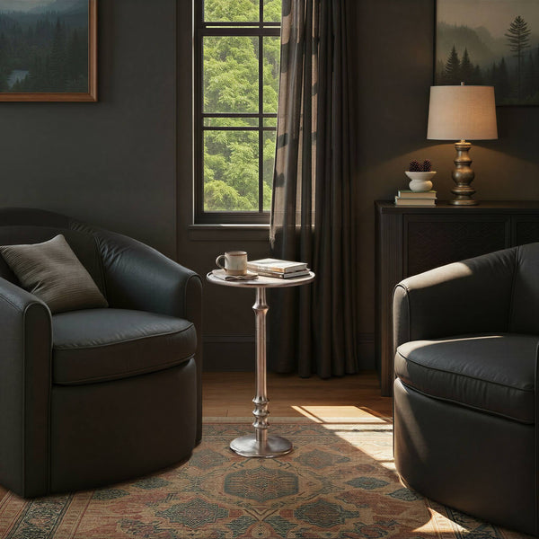 Rowena Interiors Round Aluminum Pedestal Side Table Lustrous Finish for Entryway Bedroom or Living Room Nickle EC2260