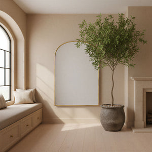 Rowena Interiors Arched Matte Metal Floor Mirror with Reclaimed Wood Frame for Modern Entryway Decor Gold EC2264