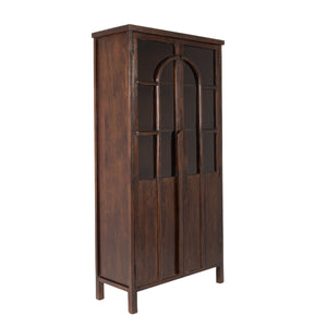 Rowena Interiors Mango Wood Curio Cabinet Arched Glass Doors Walnut Finish Artisan Display Storage EC2267