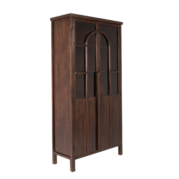 Rowena Interiors Mango Wood Curio Cabinet Arched Glass Doors Walnut Finish Artisan Display Storage EC2267