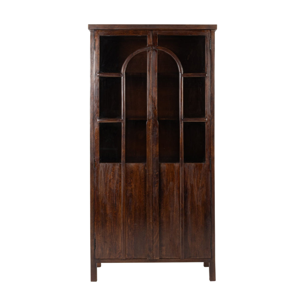 Rowena Interiors Mango Wood Curio Cabinet Arched Glass Doors Walnut Finish Artisan Display Storage EC2267
