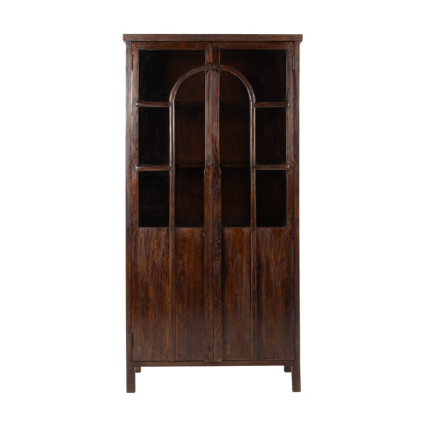 Rowena Interiors Mango Wood Curio Cabinet Arched Glass Doors Walnut Finish Artisan Display Storage EC2267