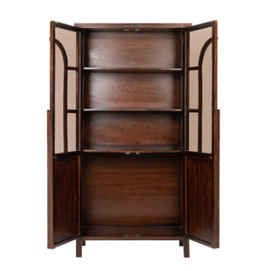 Rowena Interiors Mango Wood Curio Cabinet Arched Glass Doors Walnut Finish Artisan Display Storage EC2267