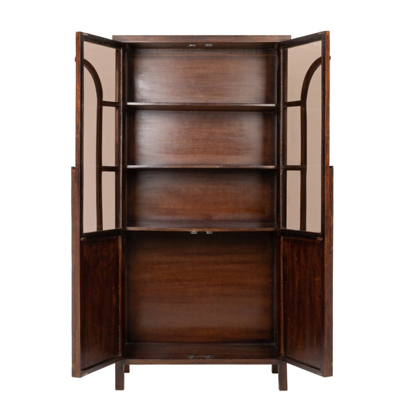 Rowena Interiors Mango Wood Curio Cabinet Arched Glass Doors Walnut Finish Artisan Display Storage EC2267