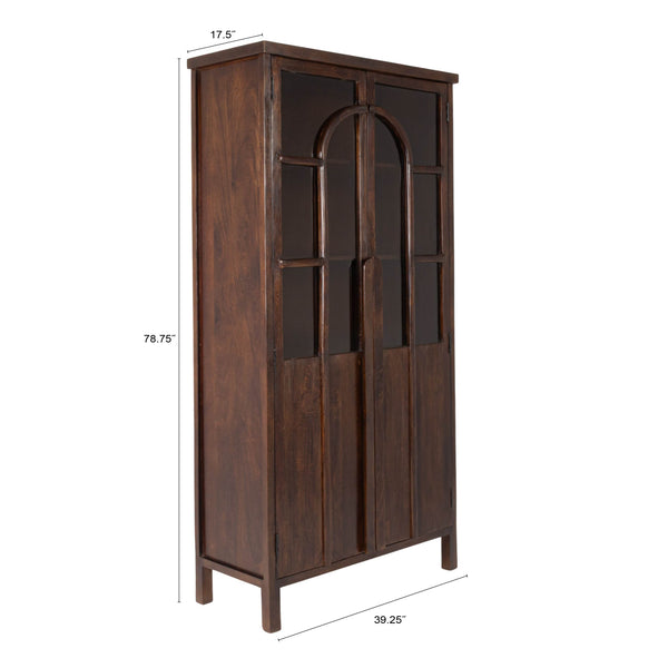 Rowena Interiors Mango Wood Curio Cabinet Arched Glass Doors Walnut Finish Artisan Display Storage EC2267