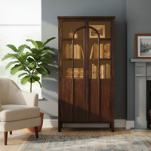 Rowena Interiors Mango Wood Curio Cabinet Arched Glass Doors Walnut Finish Artisan Display Storage EC2267