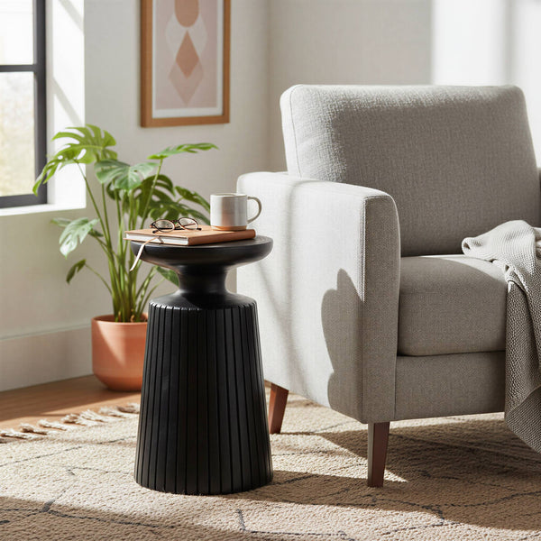Rowena Interiors Round Paulownia Wood Fluted Planter Stand Artisan Crafted Matte Black Accent Table EC2280