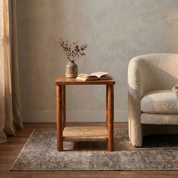 Rowena Interiors Square Acacia and Handwoven Jute Side Table Organic Texture for Boho Living Rooms EC2282
