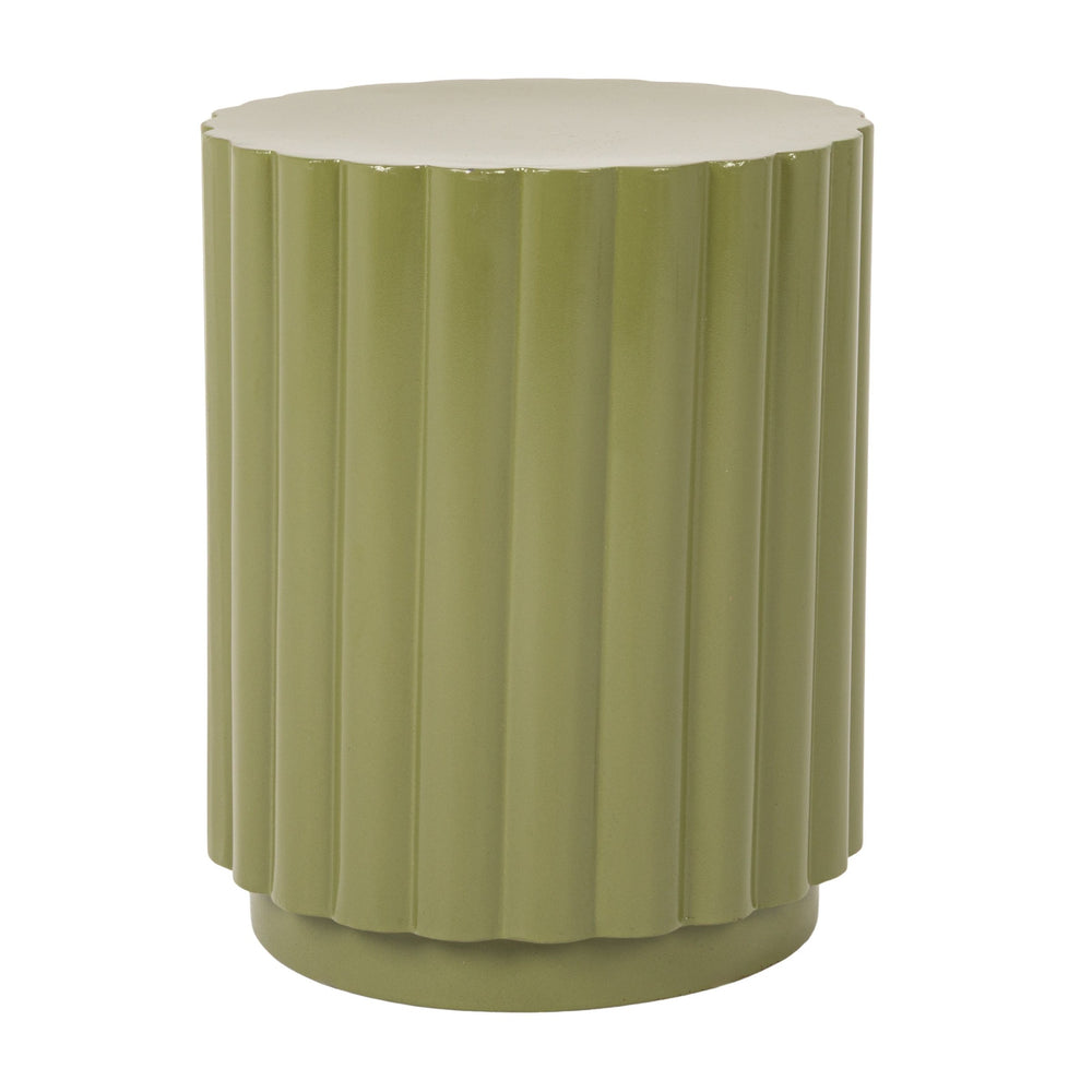 Rowena Interiors Scalloped Fluted Metal Drum Side Table Artisan Sage Finish for Modern Living Spaces EC2283