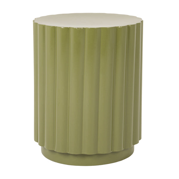 Rowena Interiors Scalloped Fluted Metal Drum Side Table Artisan Sage Finish for Modern Living Spaces EC2283