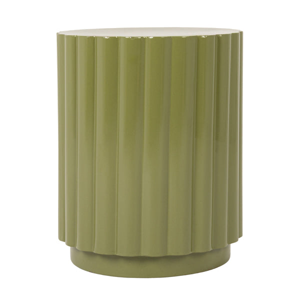 Rowena Interiors Scalloped Fluted Metal Drum Side Table Artisan Sage Finish for Modern Living Spaces EC2283