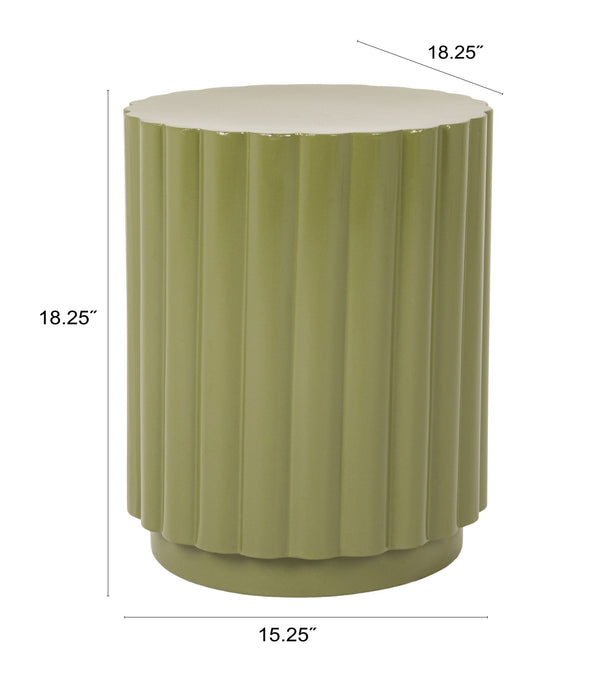 Rowena Interiors Scalloped Fluted Metal Drum Side Table Artisan Sage Finish for Modern Living Spaces EC2283