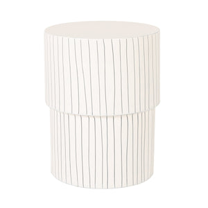 Rowena Interiors Round Metal Drum Side Table Glossy White with Navy Pinstripes Artisan Detail EC2288