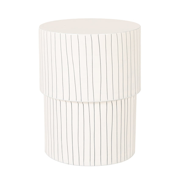 Rowena Interiors Round Metal Drum Side Table Glossy White with Navy Pinstripes Artisan Detail EC2288