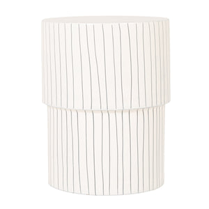 Rowena Interiors Round Metal Drum Side Table Glossy White with Navy Pinstripes Artisan Detail EC2288