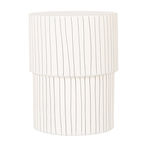 Rowena Interiors Round Metal Drum Side Table Glossy White with Navy Pinstripes Artisan Detail EC2288