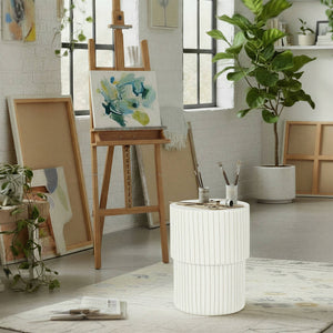 Rowena Interiors Round Metal Drum Side Table Glossy White with Navy Pinstripes Artisan Detail EC2288