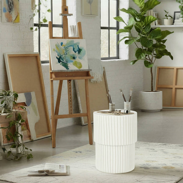 Rowena Interiors Round Metal Drum Side Table Glossy White with Navy Pinstripes Artisan Detail EC2288