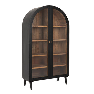 Rowena Interiors Arched Mango Wood Curio Cabinet Matte Black Glass Display Doors Brass Knobs Living Room EC2290