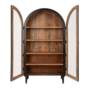 Rowena Interiors Arched Mango Wood Curio Cabinet Matte Black Glass Display Doors Brass Knobs Living Room EC2290