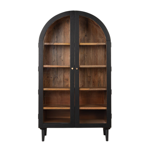 Rowena Interiors Arched Mango Wood Curio Cabinet Matte Black Glass Display Doors Brass Knobs Living Room EC2290