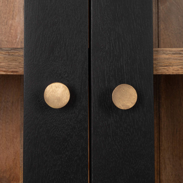 Rowena Interiors Arched Mango Wood Curio Cabinet Matte Black Glass Display Doors Brass Knobs Living Room EC2290