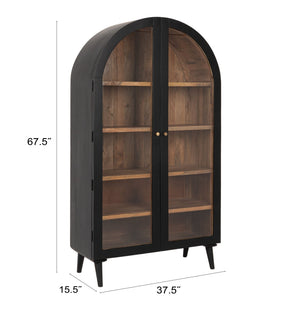 Rowena Interiors Arched Mango Wood Curio Cabinet Matte Black Glass Display Doors Brass Knobs Living Room EC2290
