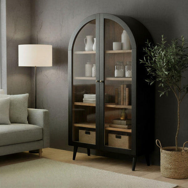 Rowena Interiors Arched Mango Wood Curio Cabinet Matte Black Glass Display Doors Brass Knobs Living Room EC2290