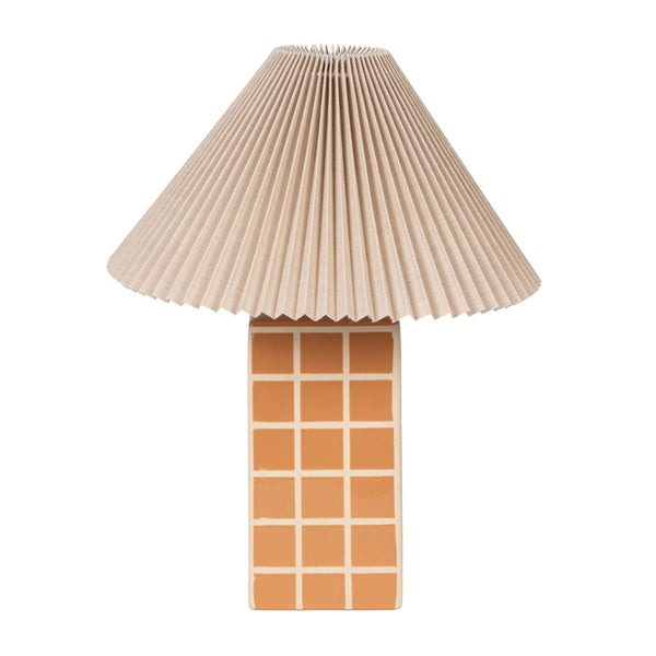 Rowena Interiors 18 Inch Windowpane Stoneware Ceramic Table Lamp with Pleated Linen Shade for Warm Ambiance Orange EC2296