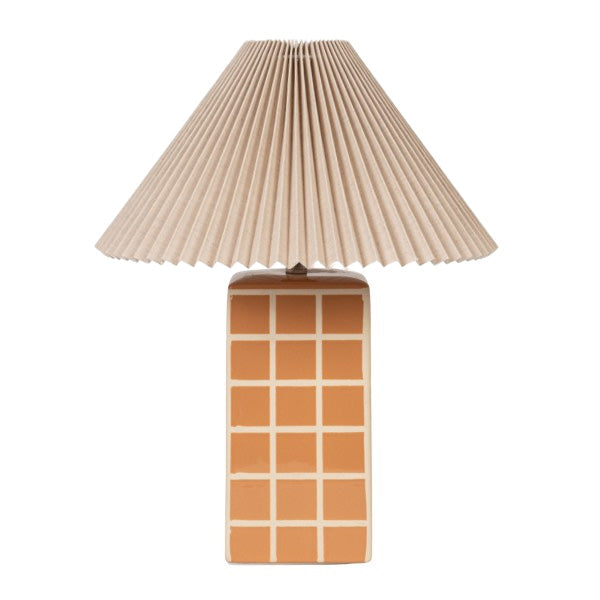Rowena Interiors 18 Inch Windowpane Stoneware Ceramic Table Lamp with Pleated Linen Shade for Warm Ambiance Orange EC2296
