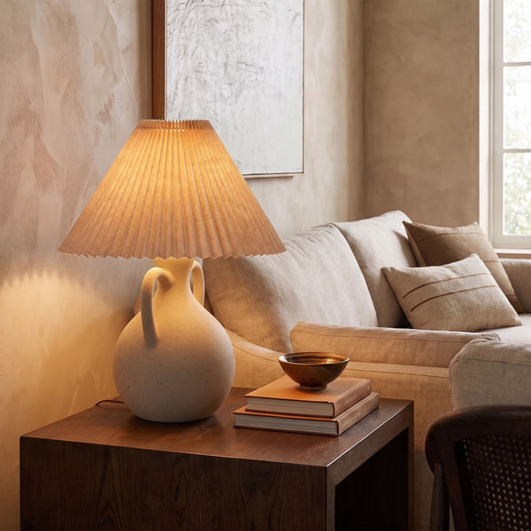 Rowena Interiors 19.5 Inch Handcrafted Stoneware Amphora Table Lamp with Linen Pleated Empire Shade EC2299